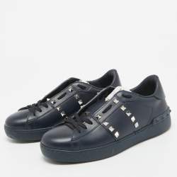 Valentino Navy Blue Leather Rockstud Low Top Sneakers Size 39