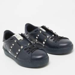 Valentino Navy Blue Leather Rockstud Low Top Sneakers Size 39