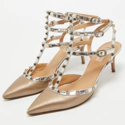 Pre Owned Valentino Metallic Gold Leather Rockstud Sandals Size 41