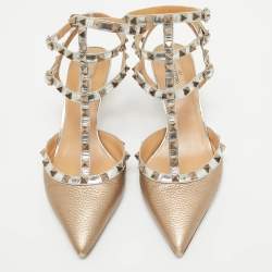 Pre Owned Valentino Metallic Gold Leather Rockstud Sandals Size 41