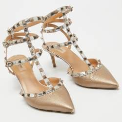 Pre Owned Valentino Metallic Gold Leather Rockstud Sandals Size 41