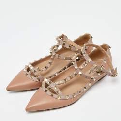 Pre Owned Valentino Dusty Pink Leather Rockstud Ankle Strap Ballet Flats Size 37