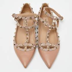 Pre Owned Valentino Dusty Pink Leather Rockstud Ankle Strap Ballet Flats Size 37