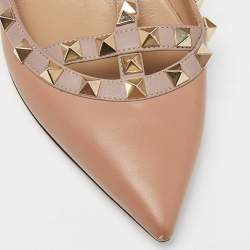 Pre Owned Valentino Dusty Pink Leather Rockstud Ankle Strap Ballet Flats Size 37