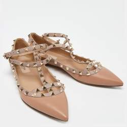 Pre Owned Valentino Dusty Pink Leather Rockstud Ankle Strap Ballet Flats Size 37