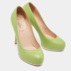 Valentino Green Leather Spike Platform Round Toe Pumps Size 37