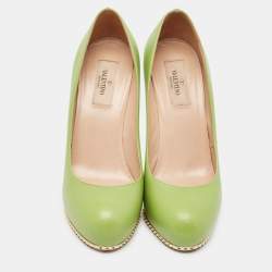 Valentino Green Leather Spike Platform Round Toe Pumps Size 37