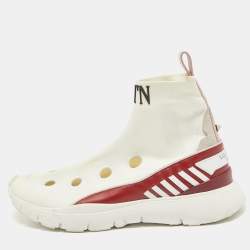 Valentino White Stretch Fabric and Leather Cut Out Rockstud Sock High Top Sneaker Size 35