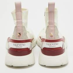 Valentino White Stretch Fabric and Leather Cut Out Rockstud Sock High Top Sneaker Size 35