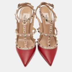 Pre Owned Valentino Red/Pink Leather Rockstud Ankle Strap Cage Sandals Size 38