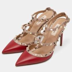 Pre Owned Valentino Red/Pink Leather Rockstud Ankle Strap Cage Sandals Size 38