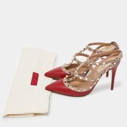 Pre Owned Valentino Red/Pink Leather Rockstud Ankle Strap Cage Sandals Size 38