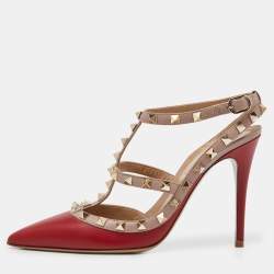 Pre Owned Valentino Red/Pink Leather Rockstud Ankle Strap Cage Sandals Size 38