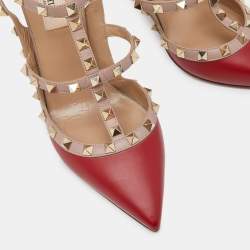 Pre Owned Valentino Red/Pink Leather Rockstud Ankle Strap Cage Sandals Size 38