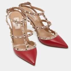 Pre Owned Valentino Red/Pink Leather Rockstud Ankle Strap Cage Sandals Size 38