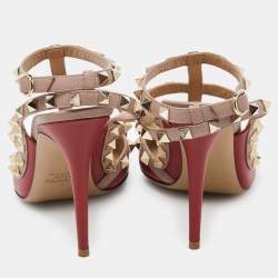 Pre Owned Valentino Red/Pink Leather Rockstud Ankle Strap Cage Sandals Size 38