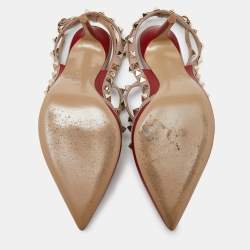 Pre Owned Valentino Red/Pink Leather Rockstud Ankle Strap Cage Sandals Size 38