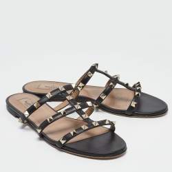 Pre Owned Valentino Black Leather Rockstud Flat Slides Size 39