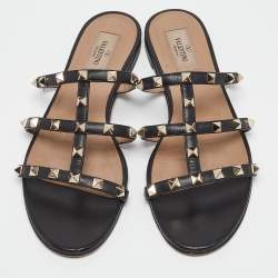 Pre Owned Valentino Black Leather Rockstud Flat Slides Size 39
