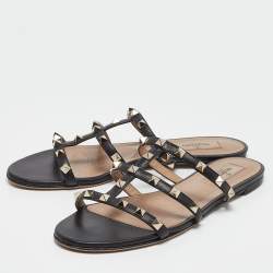 Pre Owned Valentino Black Leather Rockstud Flat Slides Size 39
