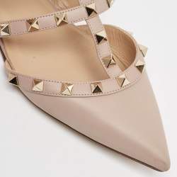 Pre Owned Valentino Pink Leather Rockstud Strappy Flat Mules Size 37.5