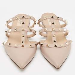 Pre Owned Valentino Pink Leather Rockstud Strappy Flat Mules Size 37.5