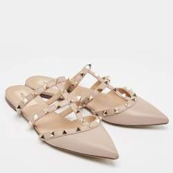 Pre Owned Valentino Pink Leather Rockstud Strappy Flat Mules Size 37.5
