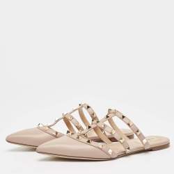 Pre Owned Valentino Pink Leather Rockstud Strappy Flat Mules Size 37.5