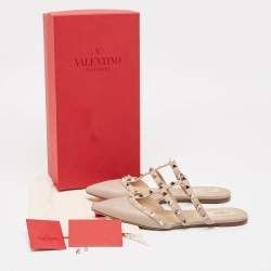 Pre Owned Valentino Pink Leather Rockstud Strappy Flat Mules Size 37.5