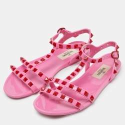 Valentino Pink Rubber Rockstud Ankle-Strap Flats Size 35