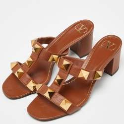 Pre Owned Valentino Brown Leather Roman Stud Block Heel Slides Sandals Size 40