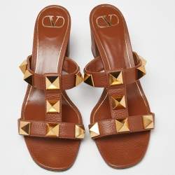 Pre Owned Valentino Brown Leather Roman Stud Block Heel Slides Sandals Size 40
