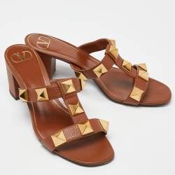 Pre Owned Valentino Brown Leather Roman Stud Block Heel Slides Sandals Size 40