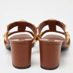 Pre Owned Valentino Brown Leather Roman Stud Block Heel Slides Sandals Size 40