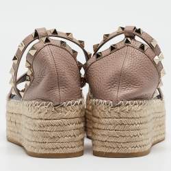 Pre Owned Valentino Pink Leather Rockstud Wedge Espadrille Ankle Strap Sandals Size 39