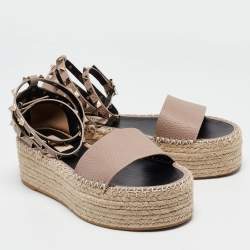 Pre Owned Valentino Pink Leather Rockstud Wedge Espadrille Ankle Strap Sandals Size 39