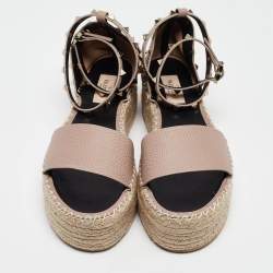 Pre Owned Valentino Pink Leather Rockstud Wedge Espadrille Ankle Strap Sandals Size 39