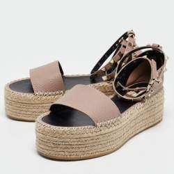 Pre Owned Valentino Pink Leather Rockstud Wedge Espadrille Ankle Strap Sandals Size 39