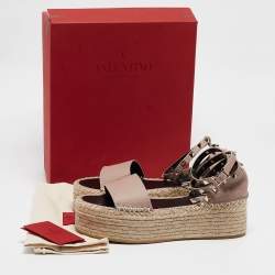 Pre Owned Valentino Pink Leather Rockstud Wedge Espadrille Ankle Strap Sandals Size 39