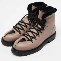 Pre Owned Valentino Dusty Pink/Black Leather Fur Lined Ankle Boots Size 39