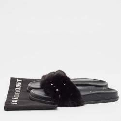 Valentino Black Mink Fur Rockstud Flat Slides Size 39