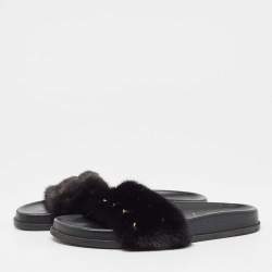 Valentino Black Mink Fur Rockstud Flat Slides Size 39