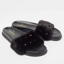 Valentino Black Mink Fur Rockstud Flat Slides Size 39