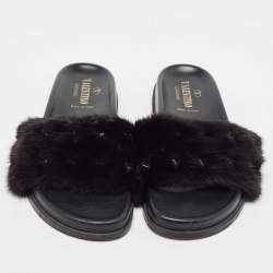 Valentino Black Mink Fur Rockstud Flat Slides Size 39