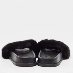 Valentino Black Mink Fur Rockstud Flat Slides Size 39