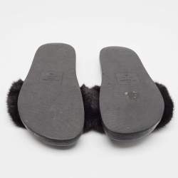 Valentino Black Mink Fur Rockstud Flat Slides Size 39