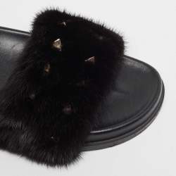 Valentino Black Mink Fur Rockstud Flat Slides Size 39