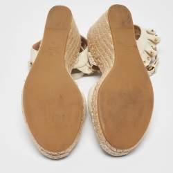 Pre Owned Valentino White Leather Rockstud Wedge Espadrille Ankle Strap Sandals Size 38