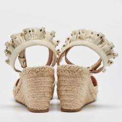 Pre Owned Valentino White Leather Rockstud Wedge Espadrille Ankle Strap Sandals Size 38