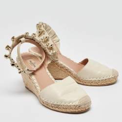 Pre Owned Valentino White Leather Rockstud Wedge Espadrille Ankle Strap Sandals Size 38